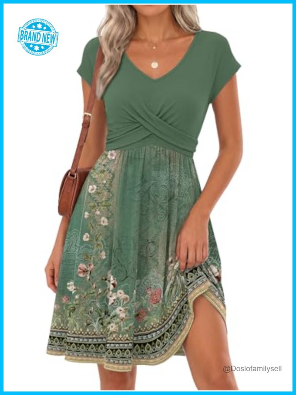 Women Twist Front V Neck Short Sleeve Sundress Casual Mini A-Line Dress